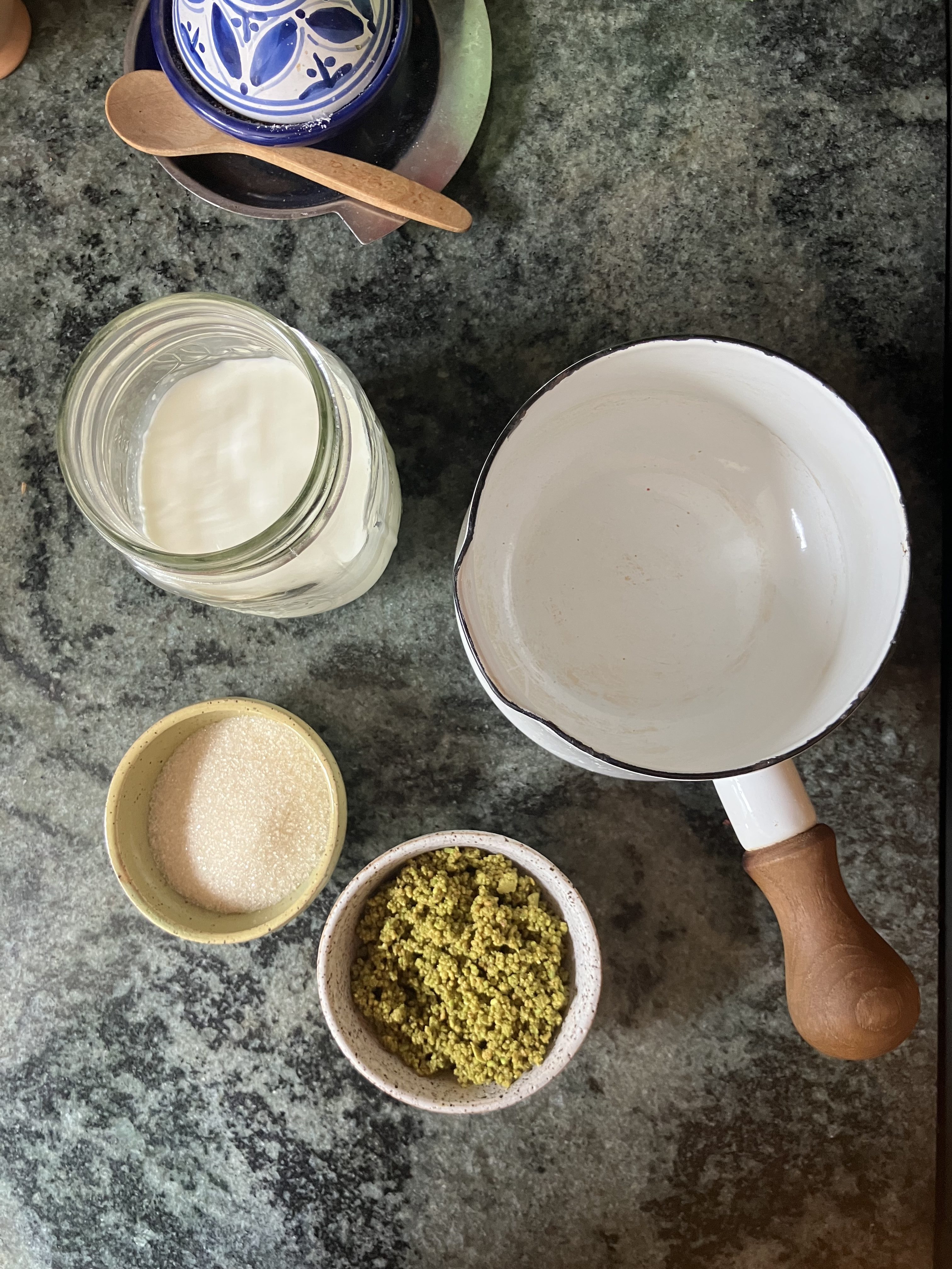 ingredients and pot on counter