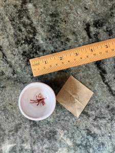 saffron strands in bowl, ruler, paper on counter